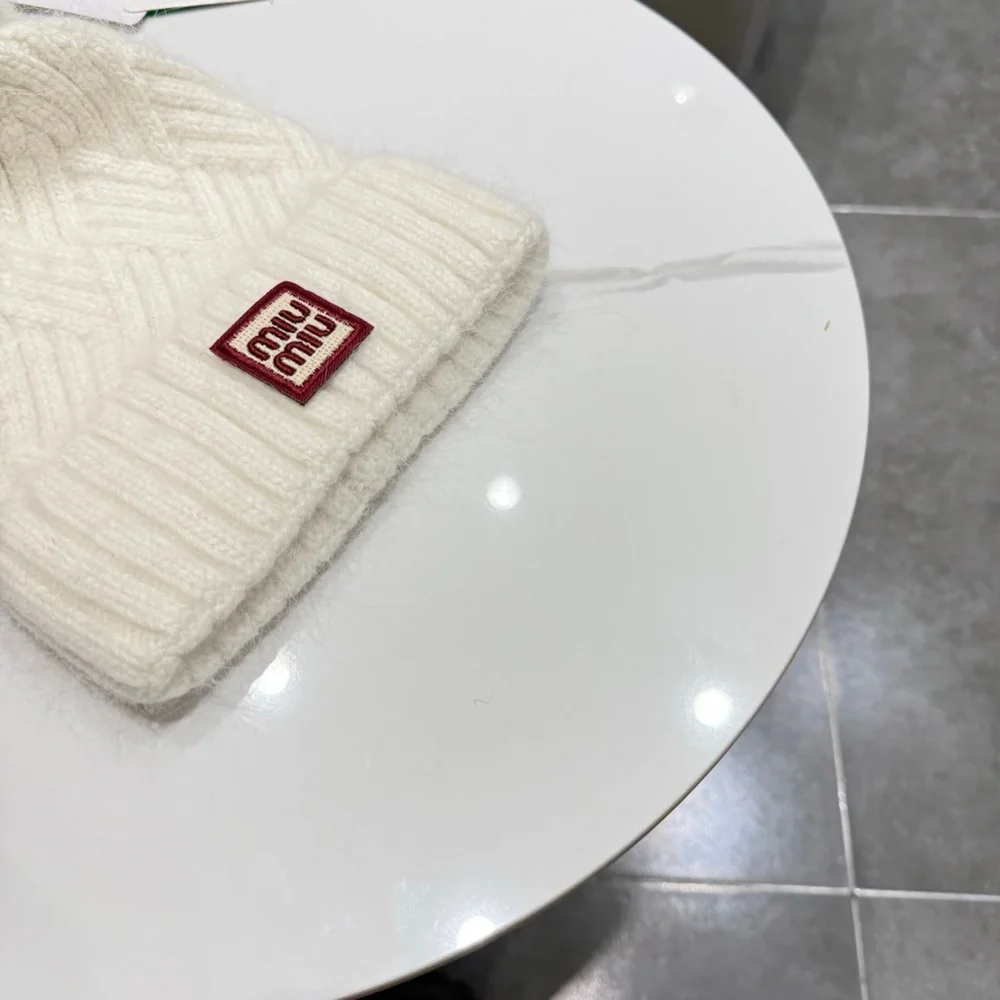 Miu Miu Off-White Knit Pom Beanie with Red Logo Patch